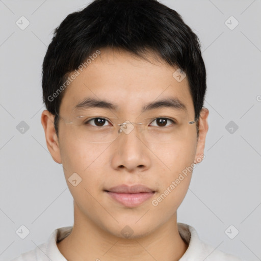 Neutral asian young-adult male with short  brown hair and brown eyes