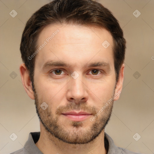 Neutral white young-adult male with short  brown hair and brown eyes