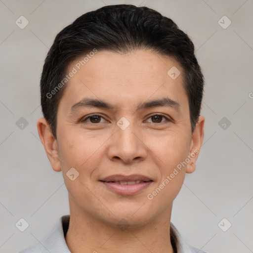 Joyful white young-adult male with short  black hair and brown eyes