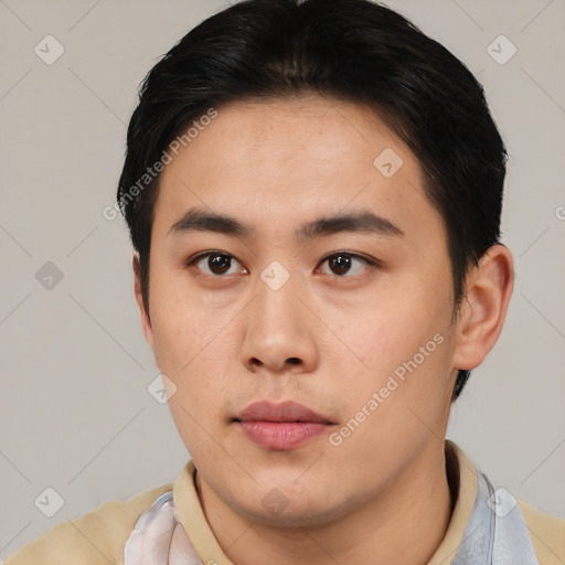 Neutral asian young-adult male with short  black hair and brown eyes