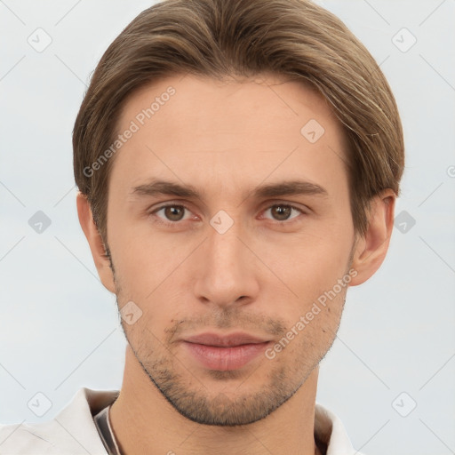 Neutral white young-adult male with short  brown hair and brown eyes