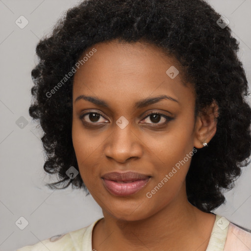 Joyful black young-adult female with medium  black hair and brown eyes