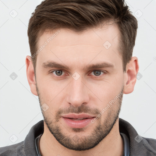 Neutral white young-adult male with short  brown hair and grey eyes