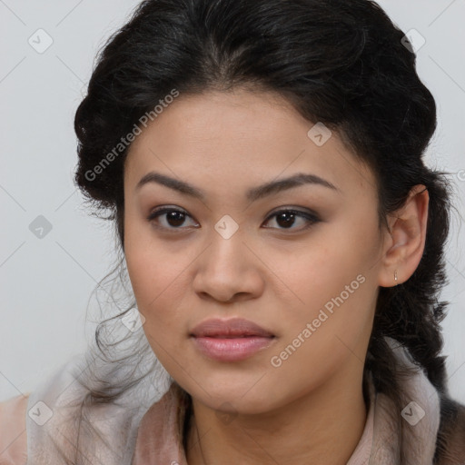 Joyful asian young-adult female with long  brown hair and brown eyes