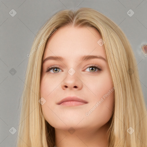 Neutral white young-adult female with long  brown hair and brown eyes