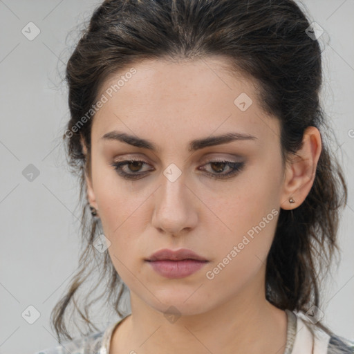 Neutral white young-adult female with medium  brown hair and brown eyes