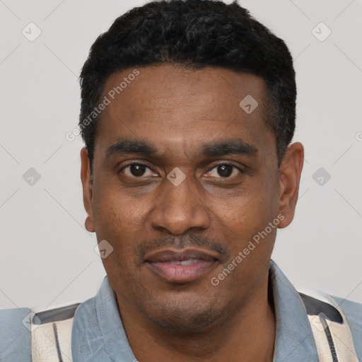Neutral black young-adult male with short  black hair and brown eyes