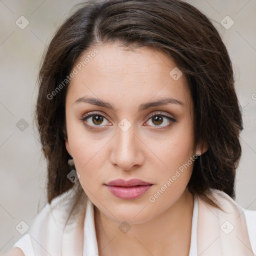 Neutral white young-adult female with medium  brown hair and brown eyes