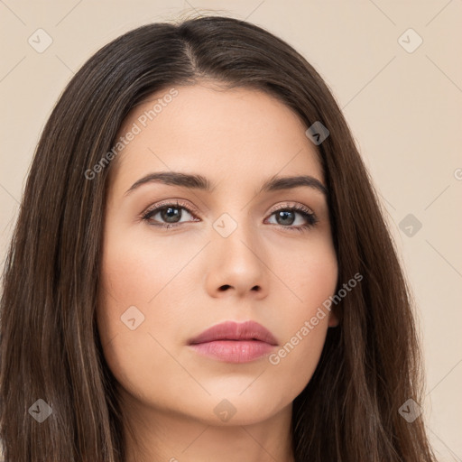 Neutral white young-adult female with long  brown hair and brown eyes