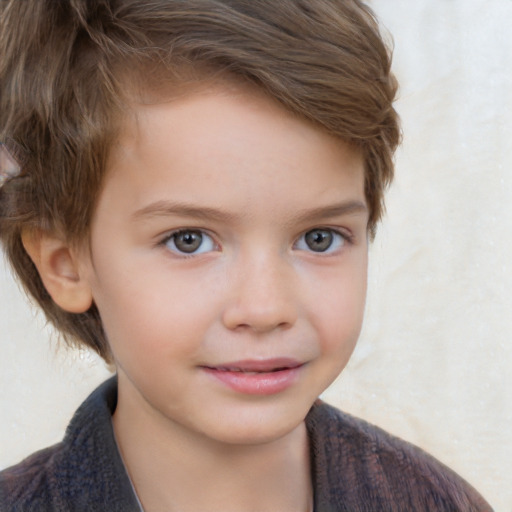 Joyful white child female with short  brown hair and brown eyes