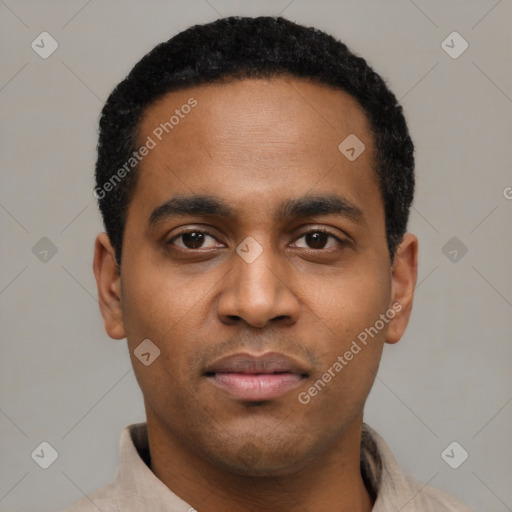 Neutral latino young-adult male with short  black hair and brown eyes