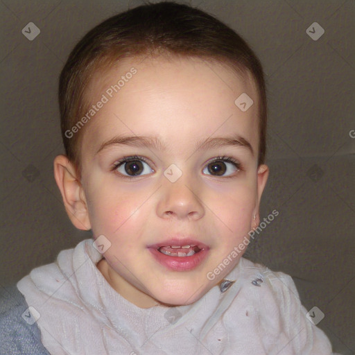 Joyful white child female with short  brown hair and brown eyes