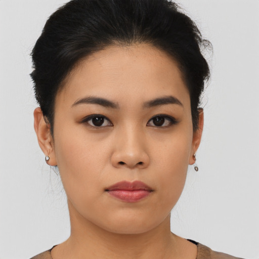 Neutral asian young-adult female with short  black hair and brown eyes