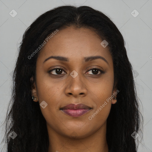 Joyful black young-adult female with long  brown hair and brown eyes