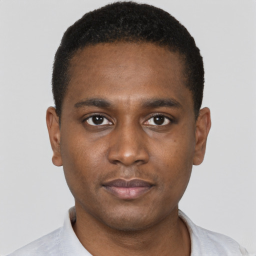 Neutral black young-adult male with short  black hair and brown eyes