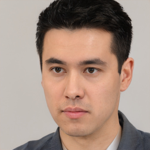 Neutral asian young-adult male with short  black hair and brown eyes