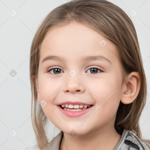 Joyful white child female with medium  brown hair and brown eyes