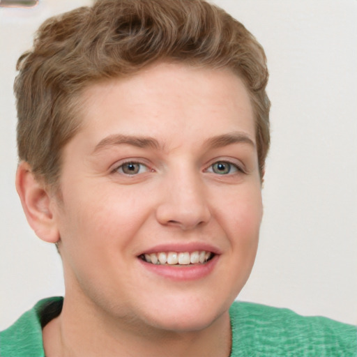 Joyful white young-adult female with short  brown hair and grey eyes