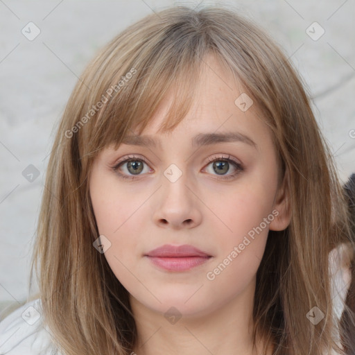 Neutral white young-adult female with medium  brown hair and grey eyes