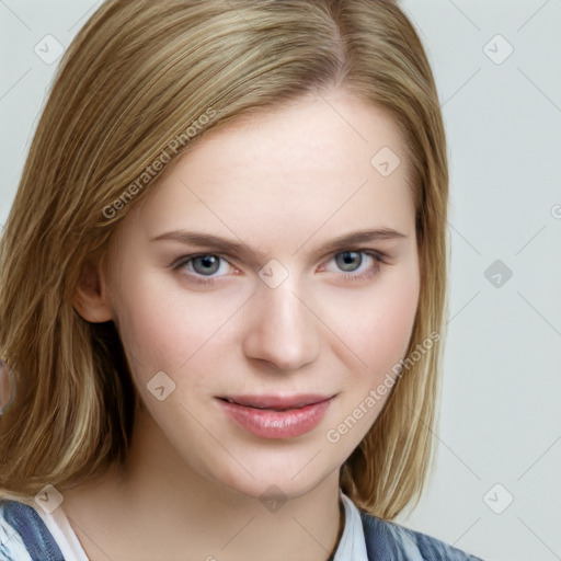 Joyful white young-adult female with long  brown hair and blue eyes