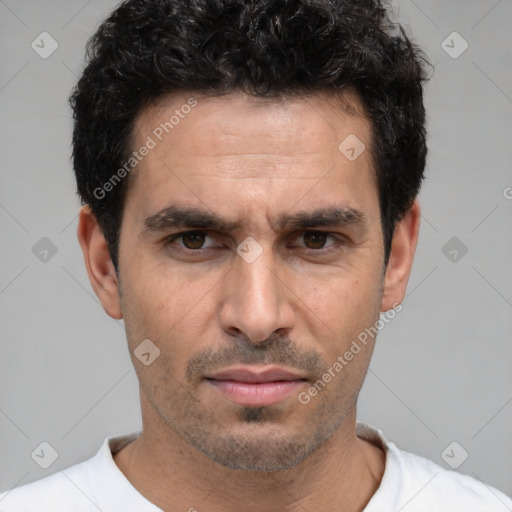 Neutral white adult male with short  black hair and brown eyes