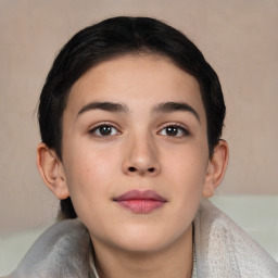 Neutral white young-adult female with short  brown hair and brown eyes