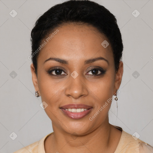 Joyful latino young-adult female with short  black hair and brown eyes