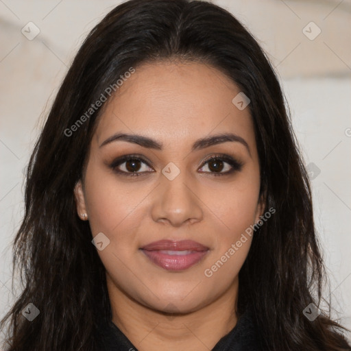 Joyful latino young-adult female with long  brown hair and brown eyes