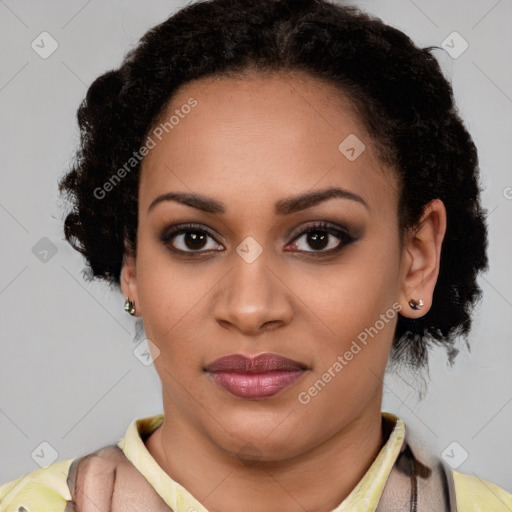 Joyful latino young-adult female with short  brown hair and brown eyes