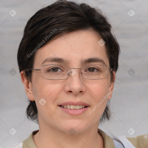 Joyful white adult female with medium  brown hair and brown eyes