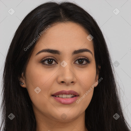 Joyful latino young-adult female with long  brown hair and brown eyes