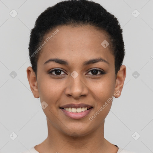 Joyful latino young-adult female with short  brown hair and brown eyes