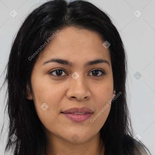 Joyful asian young-adult female with long  brown hair and brown eyes