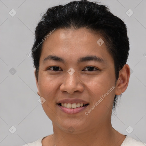 Joyful latino young-adult female with short  brown hair and brown eyes