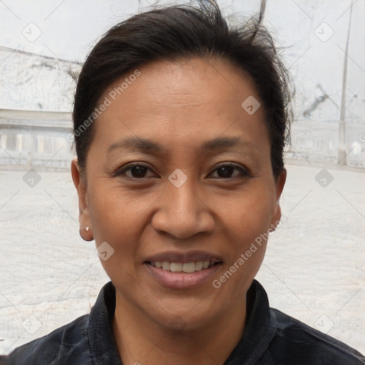 Joyful white adult female with short  brown hair and brown eyes