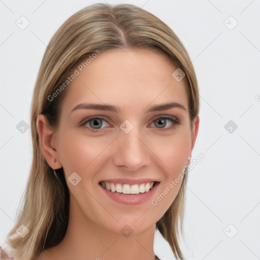 Joyful white young-adult female with medium  brown hair and blue eyes