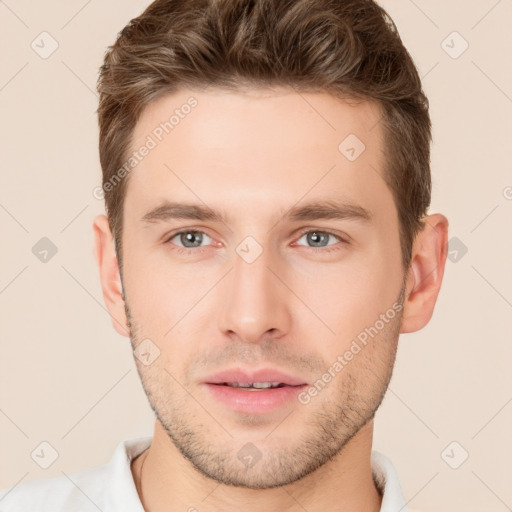 Neutral white young-adult male with short  brown hair and brown eyes