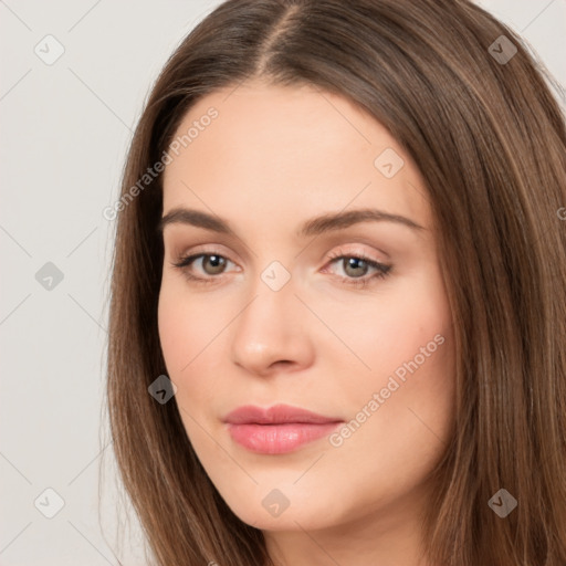 Neutral white young-adult female with long  brown hair and brown eyes