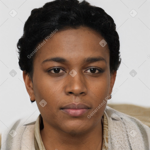 Neutral black young-adult female with short  brown hair and brown eyes