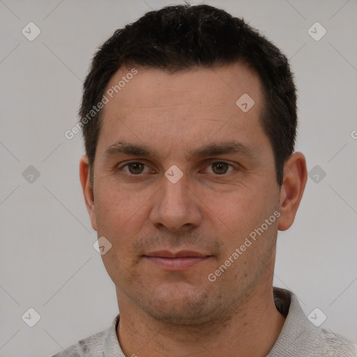 Neutral white adult male with short  brown hair and brown eyes