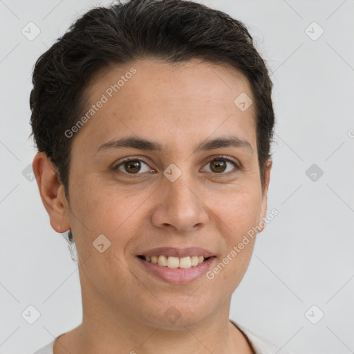 Joyful white young-adult female with short  brown hair and brown eyes