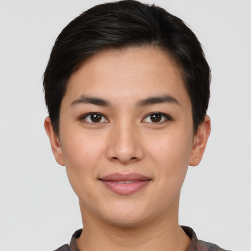 Joyful asian young-adult female with short  brown hair and brown eyes