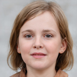 Joyful white child female with medium  brown hair and blue eyes