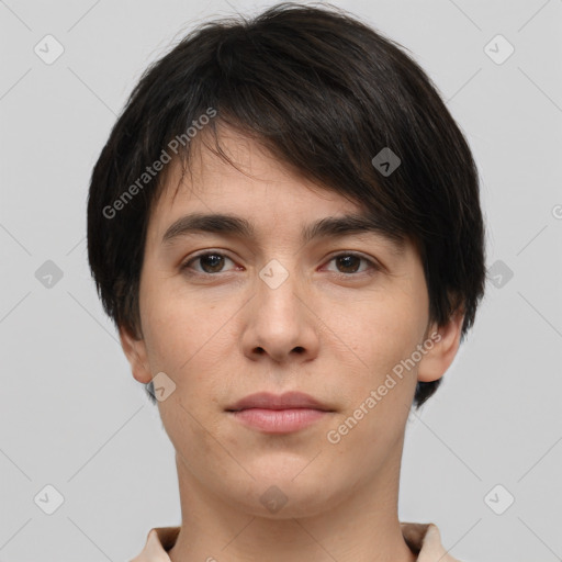 Neutral white young-adult male with short  brown hair and brown eyes