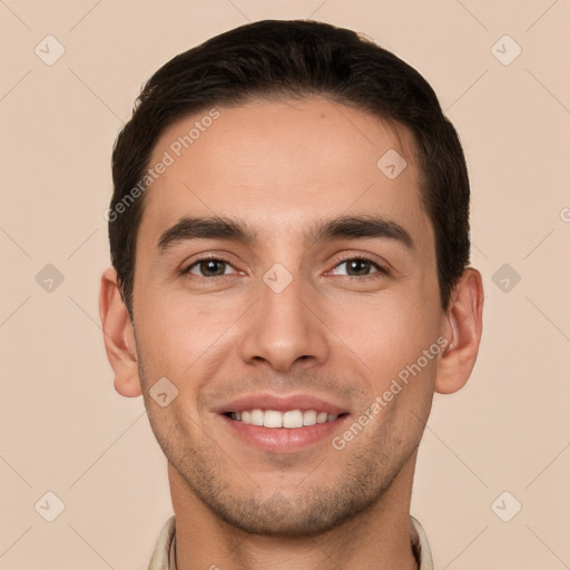 Joyful white young-adult male with short  brown hair and brown eyes