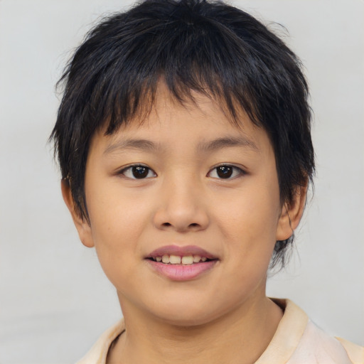Joyful asian child female with medium  brown hair and brown eyes
