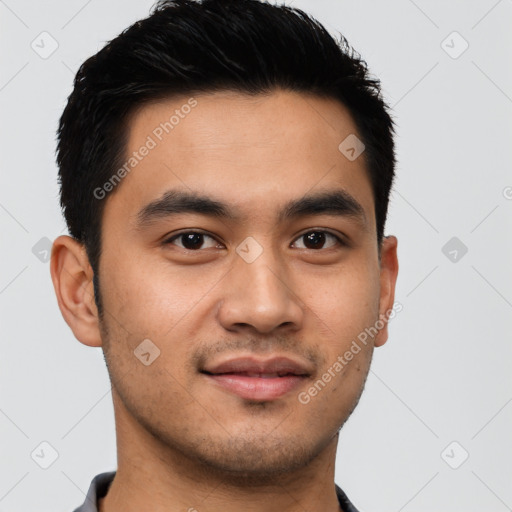 Joyful asian young-adult male with short  black hair and brown eyes