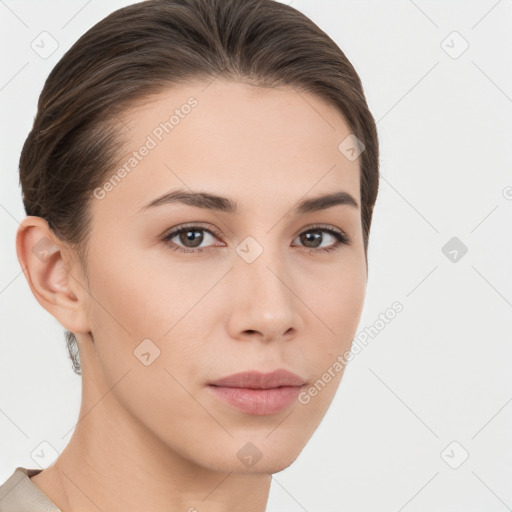 Neutral white young-adult female with short  brown hair and brown eyes