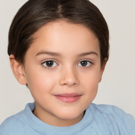 Joyful white child female with medium  brown hair and brown eyes