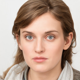 Neutral white young-adult female with medium  brown hair and blue eyes